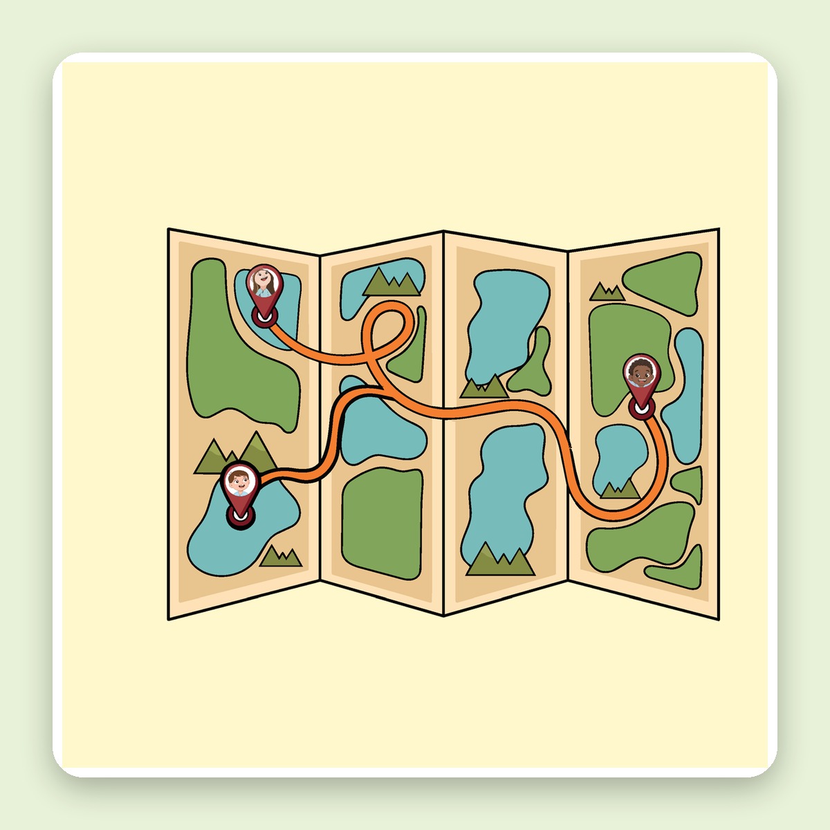 Mapa plegable ilustrado con el recorrido del viaje de los exploradores