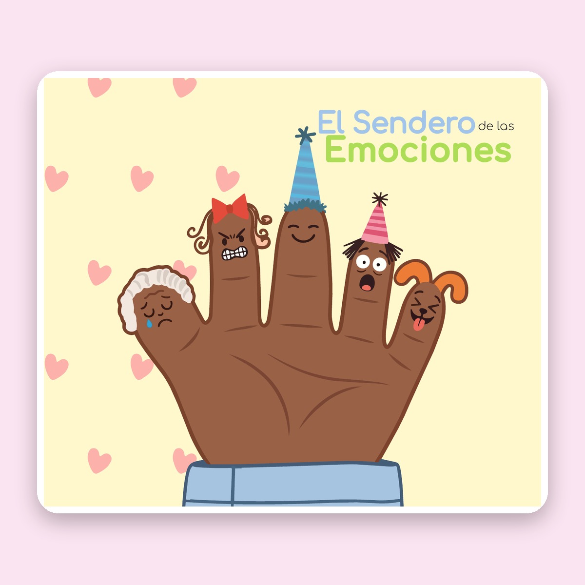 Mano con títeres de dedo que representan distintas emociones